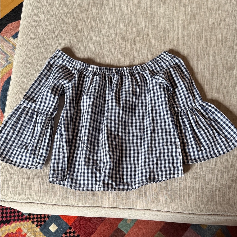 Navy Blue and White Gingham Off-Shoulder Top